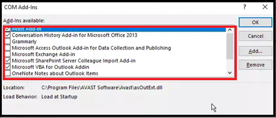 Uncheck all add-ins and then click OK to disable all add-ins in Outlook